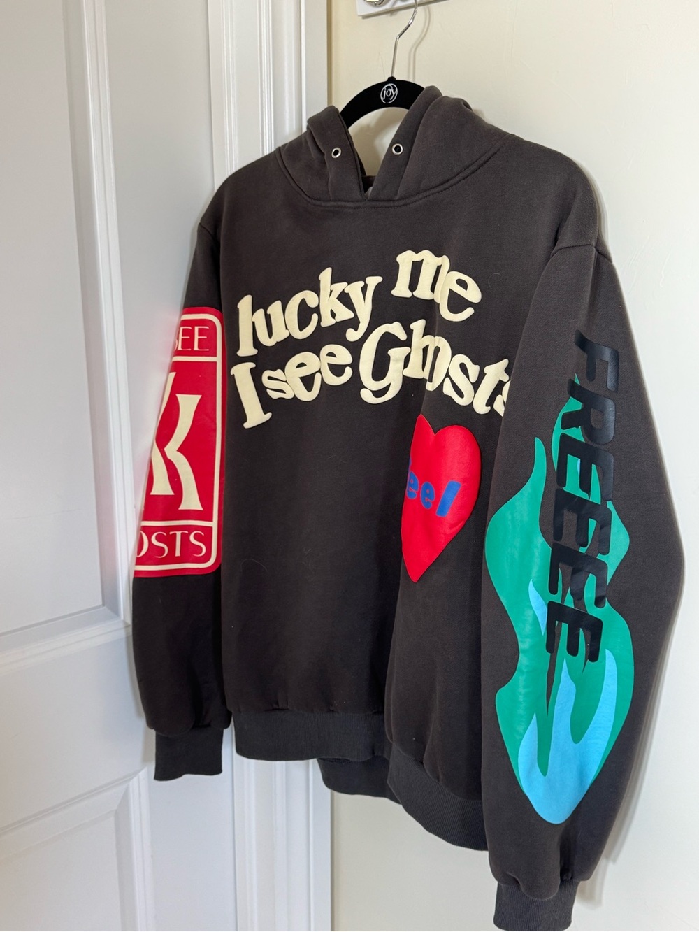 LONELY GHOST Black Hoodie with Cream Lettering, Red Heart & Teal Sleeve Accent - Picture 7 of 7